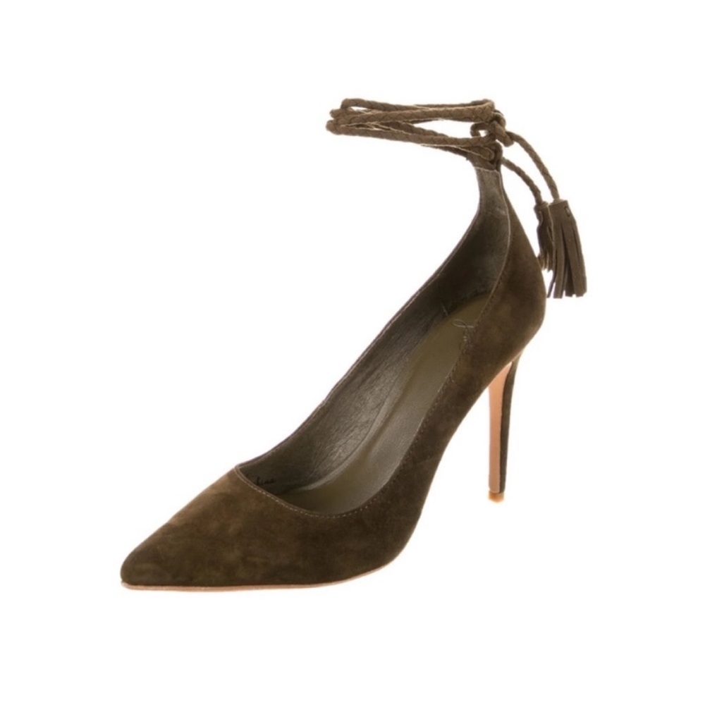Joie ANGELYNN Suede Lace-Up Heels in Deep Olive with original box and dust bag